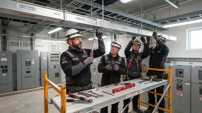 Equipe de engenharia elétrica da MEP executando montagem de barramento blindado